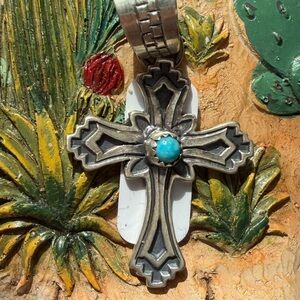 Robert Martinez Turquoise Accent Sterling Silver Silver Cross Pendant